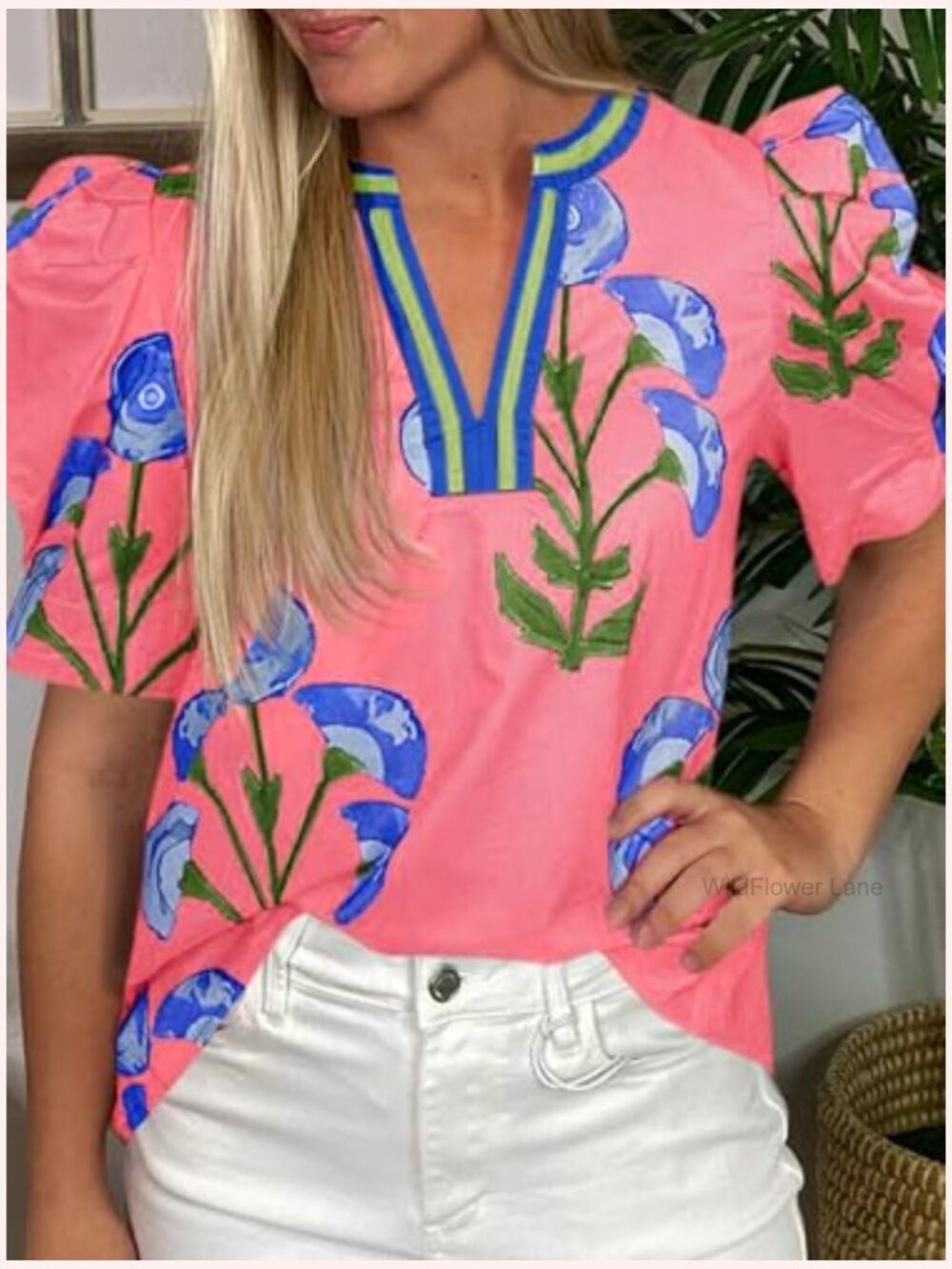 Puff Sleeve Floral Top V Neck Blouse Casual Dressy Summer Shirt - Picture 5 of 6